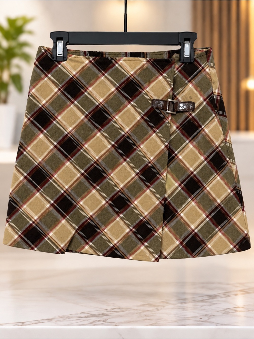 Plaid A-Line Mini Skirt with Side Buckle - Olive & Tan
